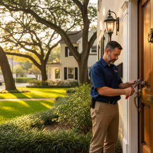Locksmith rekeying door lock on Hyde Park home in South Tampa ZIP code 33606