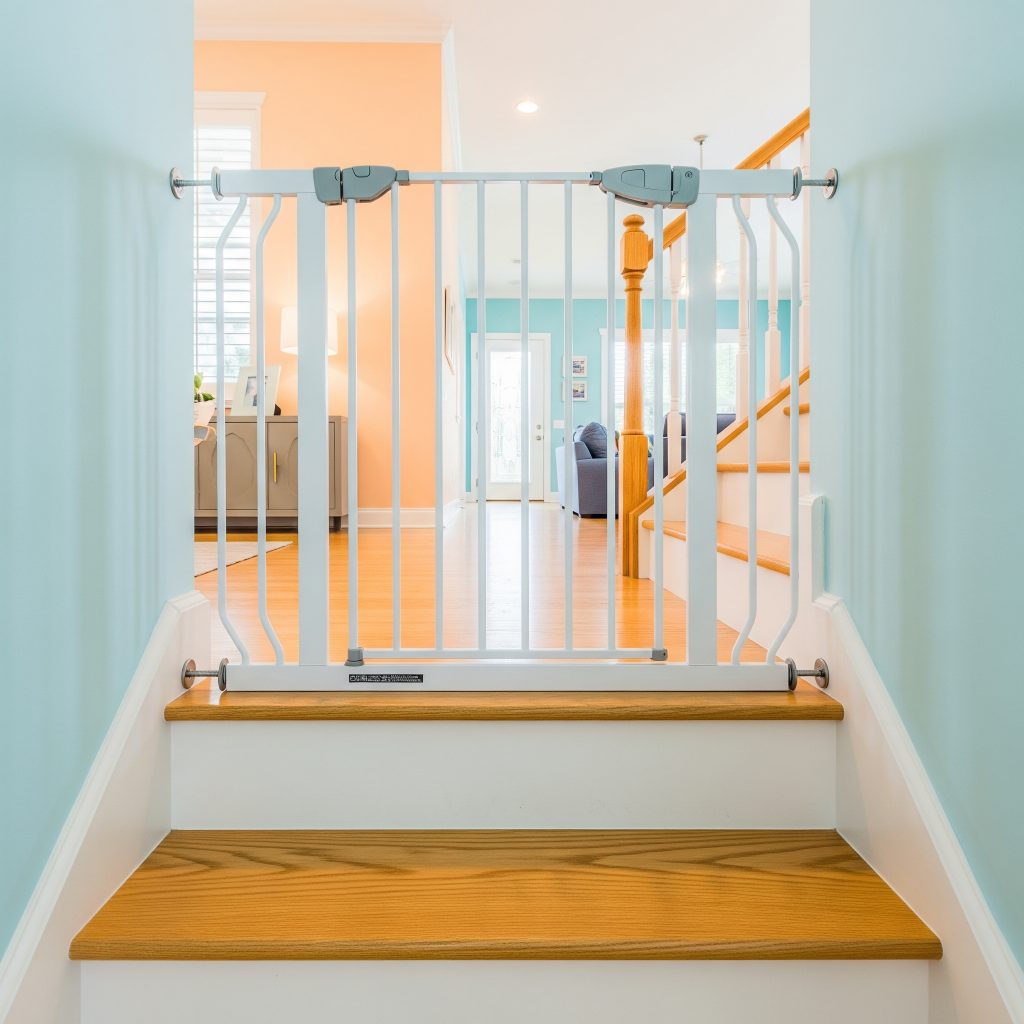 Childproof gate at top of stairs in Palma Ceia family home Tampa 33606