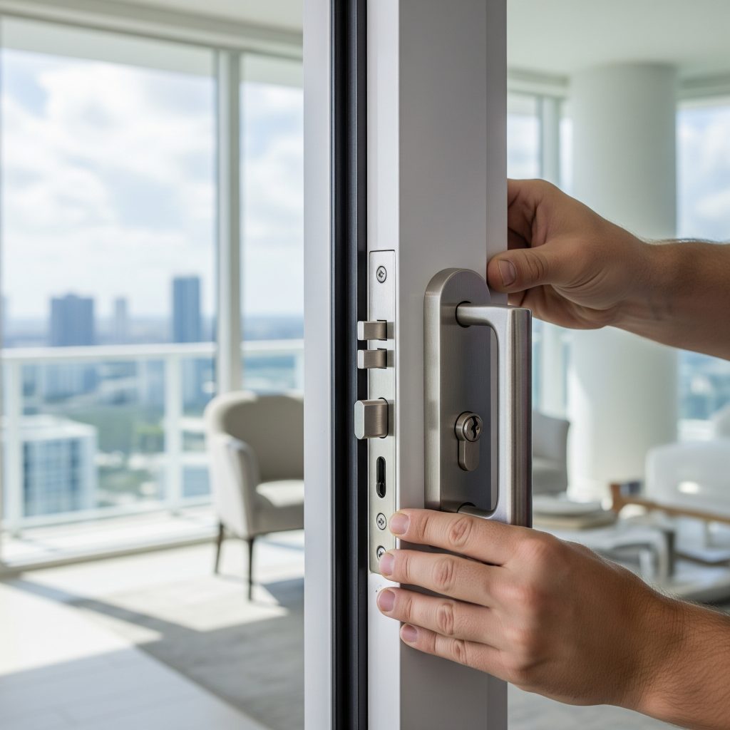 Locksmith installing balcony sliding door childproof lock in 33606 condo
