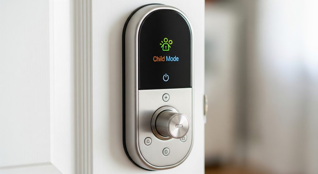 Close-up of smart lock interface with child safety mode activated