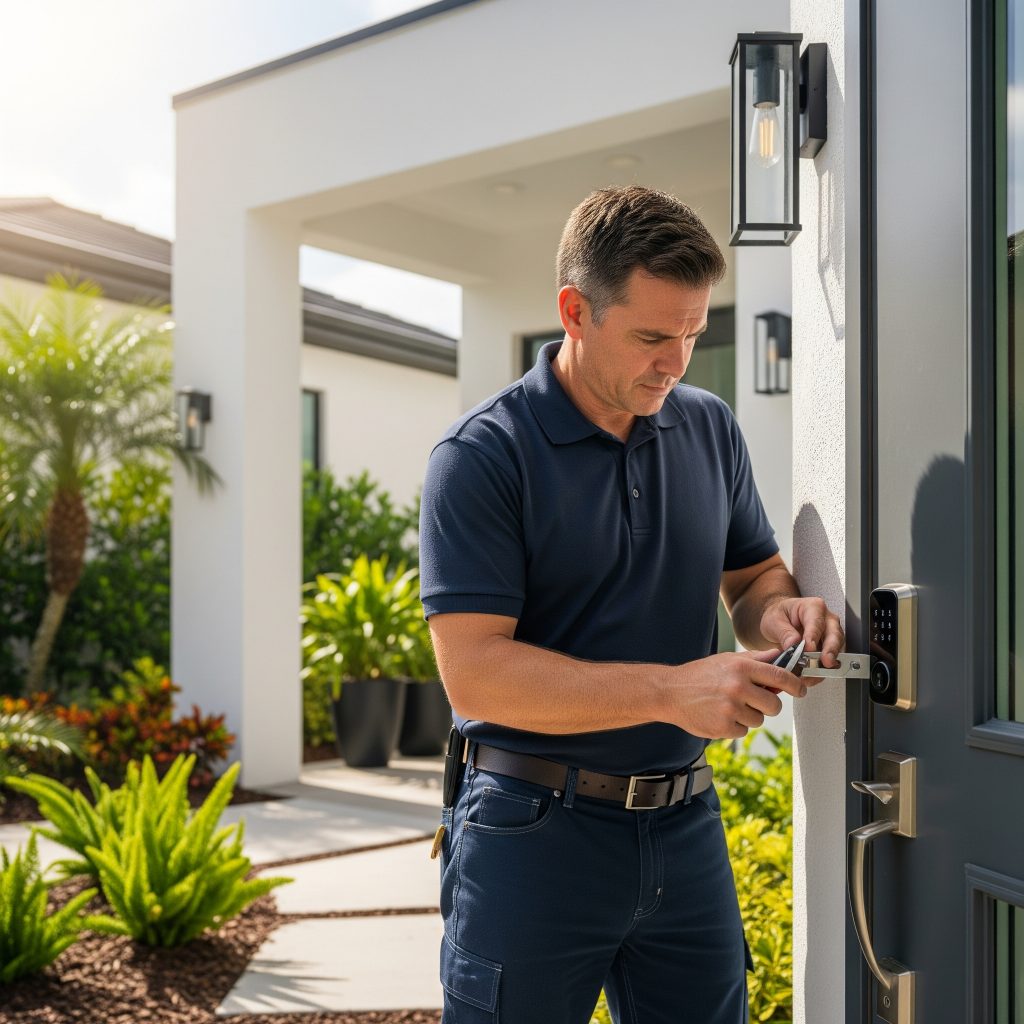 Locksmith installing smart keypad lock on Tampa home front door