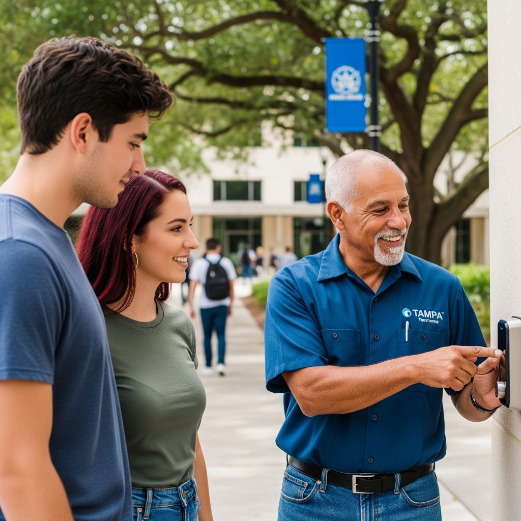 Tampa locksmith teaching homeowners how to use smart lock near University of Tampa