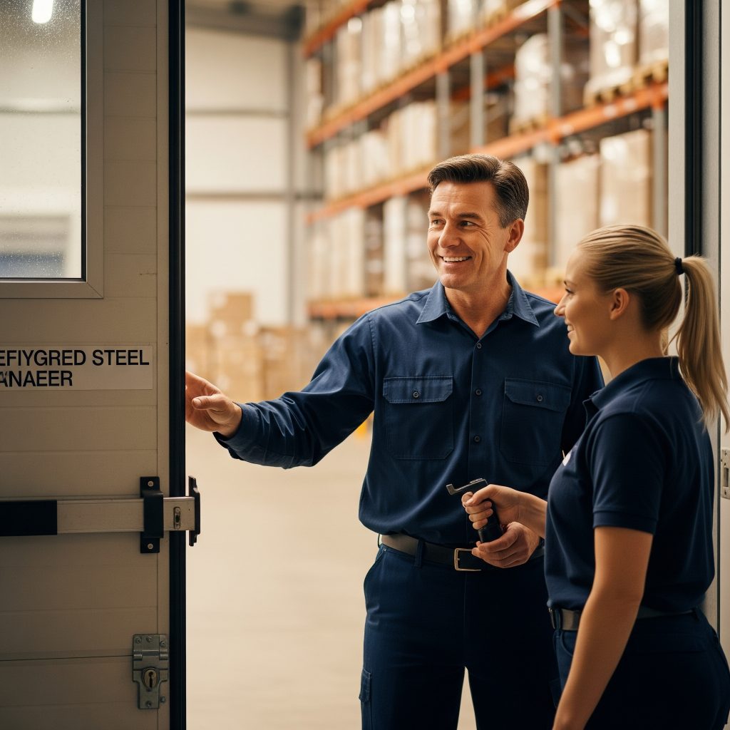 Locksmith unclocking warehouse door