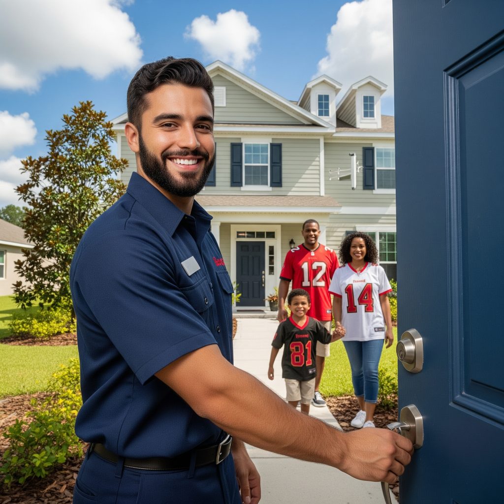 Locksmith unlocking home door for family in 33511