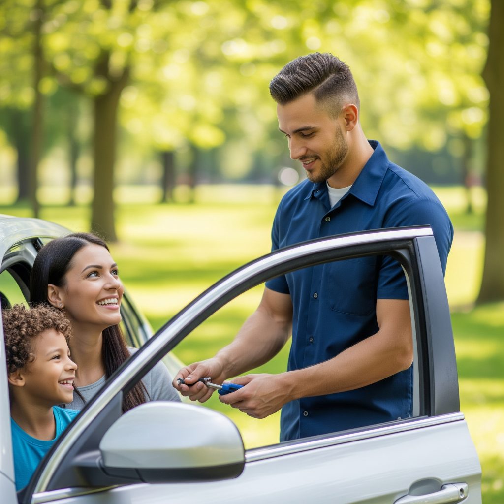 Locksmith unlocking vehicle door in Brandon FL near Lumsden Rd