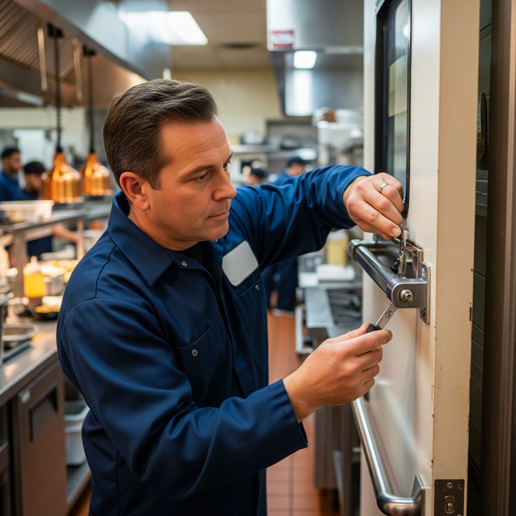 Commercial locksmith servicing panic hardware on restaurant door in 33511