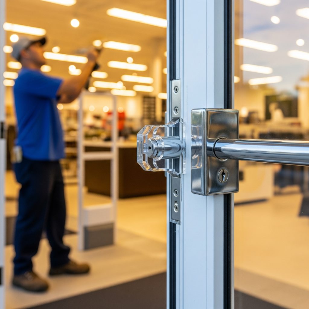 Locksmith installing panic bar in commercial space in 33511