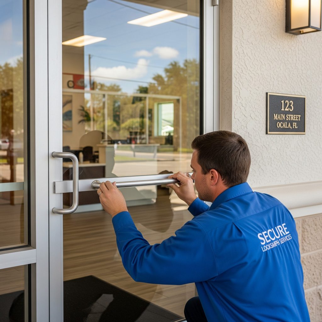 Locksmith installing high-security pushbar in Ocala, F